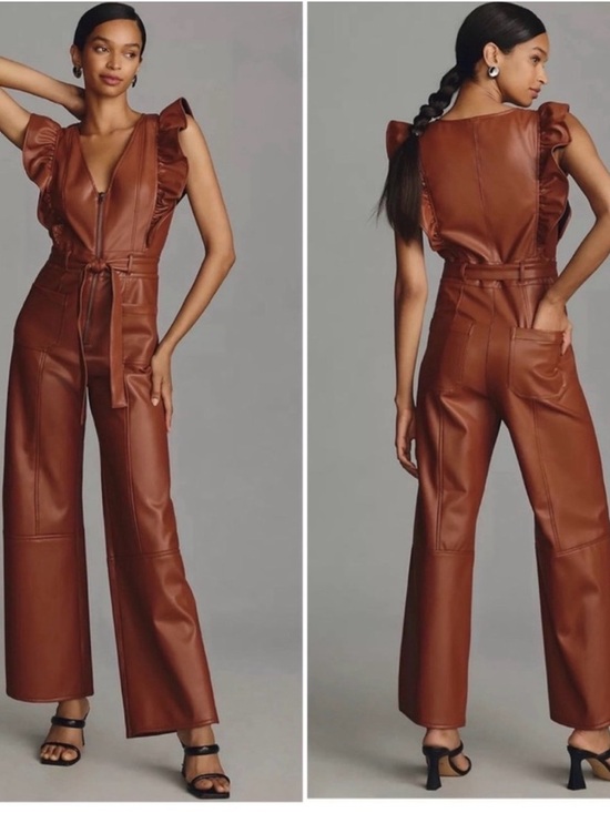 Maeve Pants - Maeve The Colette Faux Leather Cropped Wide-Leg Jumpsuit Size 12